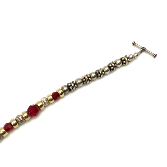 Beaded Sterling Silver Heart Toggle Bracelet w Gold,Silver and Red Crystal Beads - Picture 7 of 9